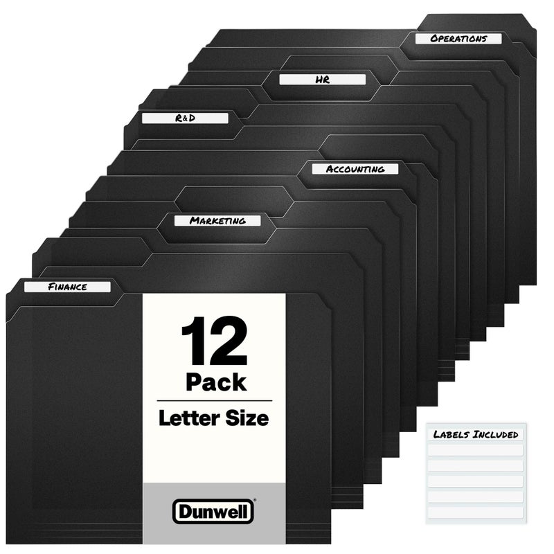 Dunwell Plastic Black 3-Tab Folders, (12 Pack), Sturdy 1/3 Tab File Folders for 8.5x11 Documents, Plastic Manila Filing Sleeves, Acid-Free Poly, Includes Labels - Image 1